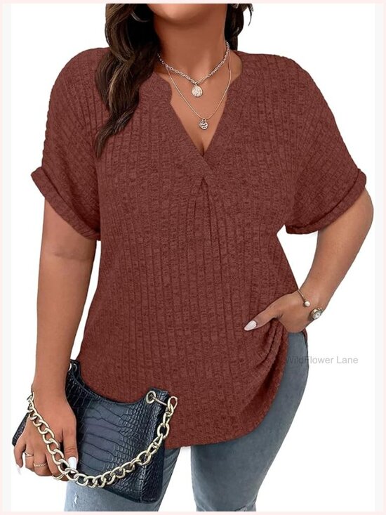 Tops - Plus Size V Neck Short Sleeve Tunic Blouse Flowy Soft Top